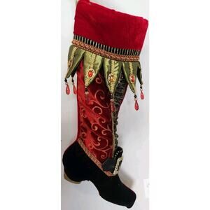 Victorian Inspired Jumbo Red Velvet Christmas Stocking Boot Embellished Beaded